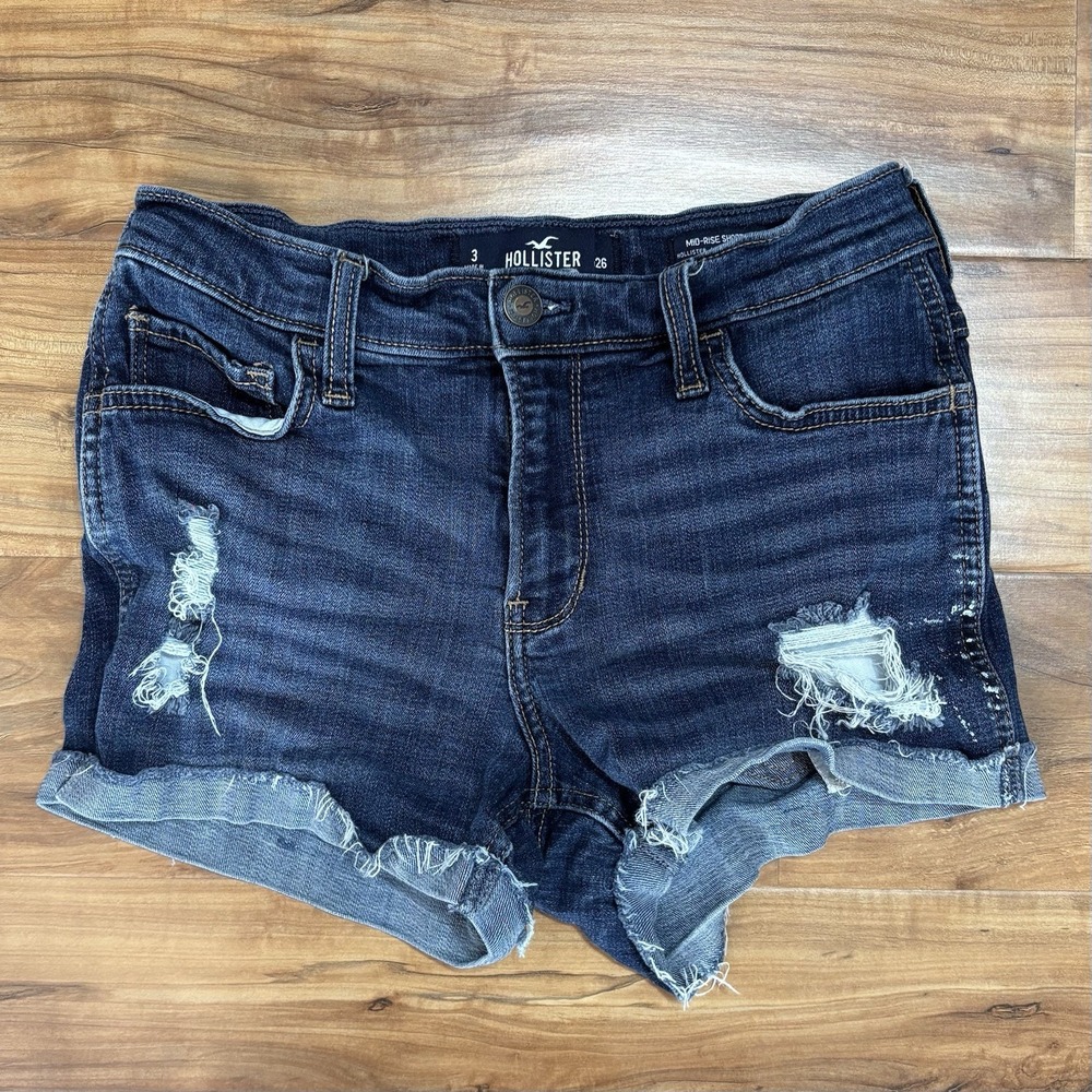 HOLLISTER Women's 3 Waist 26 Mid-Rise Short 3" Stretch Blue Denim Distressed